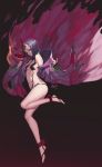  1girl ankle_ribbon breasts cup fate/grand_order fate_(series) from_side full_body gradient gradient_background hair_ornament highres jam_(nandade) japanese_clothes leg_up navel off_shoulder oni_horns open_clothes parted_lips purple_hair revealing_clothes ribbon sakazuki short_hair shuten_douji_(fate/grand_order) simple_background small_breasts solo toeless_legwear toes wristband 