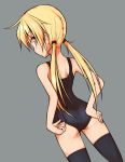  1girl adjusting_clothes adjusting_swimsuit ahoge alternate_costume ass bare_arms bare_shoulders black_swimsuit blonde_hair blush cowboy_shot dutch_angle eyebrows_visible_through_hair from_behind grey_background hair_tie hand_in_swimsuit hand_on_hip ichidai_taisa kantai_collection legs_apart long_hair looking_at_viewer looking_back low_twintails one-piece_swimsuit satsuki_(kantai_collection) school_swimsuit simple_background solo standing swimsuit thigh-highs twintails very_long_hair yellow_eyes 