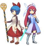  2girls bangs blue_eyes blue_hair blunt_bangs bob_cut bow breasts brown_footwear closed_mouth dress elona eyebrows facing_away full_body greaves hair_between_eyes hair_bow hair_ribbon hairband hand_on_own_chest holding holding_staff holding_sword holding_weapon legs_apart loafers long_hair lowres multiple_girls no_nose over-kneehighs pixel_art purple_legwear red_bow redhead ribbon shoes short_hair simple_background sleeves_past_wrists small_breasts smile staff standing straight_hair sword tareme thigh-highs turtleneck vambraces very_long_hair violet_eyes vixiv warrior_of_elea_(female) weapon white_background white_hairband white_ribbon wizard_of_elea_(female) zettai_ryouiki 