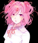  1girl blush doki_doki_literature_club hair_ornament hair_ribbon hairclip messy_hair natsuki natsuki_(doki_doki_literature_club) open_mouth pink_eyes pink_hair ribbon shirt short_twintails solo twintails white_shirt 