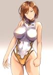  1girl apollonia_vaar bangs breasts brown_hair closed_mouth collarbone commentary_request covered_navel cowboy_shot eyebrows_visible_through_hair gradient gradient_background granblue_fantasy green_eyes halterneck hips large_breasts leotard looking_at_viewer shigu_(wolfganggw) short_hair solo thighs white_leotard 