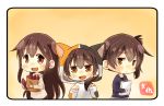  3girls :d akagi_(kantai_collection) alternate_costume animal_hood artist_name blue_sweater brown_eyes brown_hair cat_hood commentary_request dual_persona food hair_between_eyes holding holding_food holding_paper hood kaga_(kantai_collection) kantai_collection long_hair long_sleeves multiple_girls open_mouth paper short_hair side_ponytail smile sweater sweet_potato taisa_(kari) white_sweater 