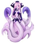  1girl absurdres bare_shoulders black_gloves blush breasts child commission dress elbow_gloves finger_to_mouth full_body gloves grin hair_over_one_eye highres jewelry kraken_(monster_girl_encyclopedia) long_hair looking_at_viewer monster_girl monster_girl_encyclopedia navel necklace one_eye_covered pink_hair purple_dress revealing_clothes scylla simple_background small_breasts smile solo sookmo suction_cups tentacle violet_eyes white_background 