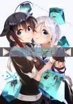  2girls ahoge aqua_background bangs bare_shoulders black_gloves black_hair black_shirt black_skirt blue_eyes blue_neckwear blush bow braid character_request cheek-to-cheek chig closed_mouth collarbone comiket_90 commentary_request elbow_gloves eyebrows_visible_through_hair eyelashes eyes_visible_through_hair fingerless_gloves from_side gloves hair_between_eyes hair_bow hair_flaps hair_over_shoulder hands_up hug kantai_collection light_particles lips long_hair looking_at_viewer mole mole_under_eye multiple_girls neckerchief necktie one_eye_closed pleated_skirt raised_eyebrows red_neckwear sailor_collar shigure_(kantai_collection) shirt short_sleeves simple_background single_braid skirt sleeve_cuffs sleeveless sleeveless_shirt smile strap title umikaze_(kantai_collection) upper_body very_long_hair white_hair 