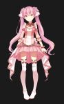 1girl absurdly_long_hair absurdres blush boots breasts brown_eyes cleavage closed_mouth full_body highres long_hair looking_at_viewer medium_breasts original pink_hair pink_skirt skirt smile solo thigh-highs thigh_boots twintails very_long_hair white_footwear yue_yue 