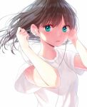  1girl aqua_eyes bangs brown_hair cable earphones earrings eyebrows_visible_through_hair hami_yura highres holding jewelry long_hair looking_at_viewer original parted_lips shirt short_sleeves simple_background solo sparkle t-shirt upper_body white_background white_shirt wind 