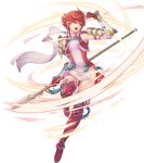  1girl armor attack fire_emblem fire_emblem_heroes fire_emblem_if full_body gloves highres hinoka_(fire_emblem_if) official_art open_mouth polearm red_eyes redhead short_hair spear weapon white_background 