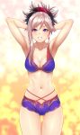  1girl armpits arms_behind_head arms_up bangs bare_arms bare_shoulders blush bra breasts cleavage clenched_teeth cowboy_shot earrings eyebrows_visible_through_hair fate/grand_order fate_(series) gluteal_fold gradient gradient_background jewelry long_hair looking_at_viewer medium_breasts miyamoto_musashi_(fate/grand_order) navel open_mouth panties pink_hair ponytail purple_bra purple_panties single_sidelock solo stomach teeth underwear underwear_only v-shaped_eyebrows violet_eyes zucchini 