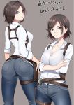  1girl ass bangs blue_eyes breasts brown_hair cleavage commentary_request denim eyebrows holster jeans juli_kidman kippuru large_breasts multiple_views pants shirt short_hair shoulder_holster solo swept_bangs the_evil_within thigh_holster translation_request unbuttoned 