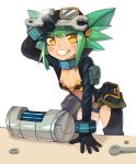  1girl :d animal_ears arm_support bangs belt black_jacket black_panties black_pants blush bra bracelet breasts collar commission eyebrows_visible_through_hair gears gloves goggles goggles_on_head green_hair gremlin_(monster_girl_encyclopedia) grin highres holding_wrench jacket jewelry leaning_forward leaning_on_object legs_apart long_sleeves looking_at_viewer monster_girl_encyclopedia navel navel_cutout open_clothes open_jacket open_mouth open_pants panties pants pouch short_hair simple_background small_breasts smile solo sookmo standing sweat table underwear white_background wrench yellow_eyes 