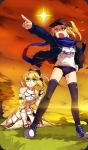  2girls ahoge armor artoria_pendragon_(all) baseball_cap blonde_hair blue_eyes border bow buruma craft_essence dual_persona fate/grand_order fate/stay_night fate/unlimited_codes fate_(series) glowing glowing_eyes gym_uniform hair_bow hand_on_hip hat ishida_akira jacket long_hair multiple_girls mysterious_heroine_x official_art open_clothes open_jacket peeking_out pointing pointing_forward ponytail rojiura_satsuki:_chapter_heroine_sanctuary saber saber_lily scarf shielder_(fate/grand_order) star thigh-highs 