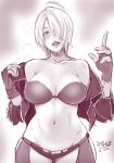  1girl ahoge angel_(kof) blush bra breasts butcha-u chaps cleavage collarbone cropped_jacket fingerless_gloves gloves hair_over_one_eye heavy_breathing large_breasts lips midriff monochrome navel off_shoulder parted_lips short_hair short_shorts shorts sketch solo stomach strapless strapless_bra sweat the_king_of_fighters underwear undressing 