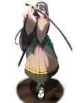  1girl black_hair blue_eyes full_body hairband highres katana long_hair looking_at_viewer oshiro_project_re sandals sheath solo standing sword very_long_hair weapon wide_sleeves 