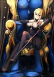  1girl aikawa_juujutsu_machi artoria_pendragon_(all) bangs black_dress black_gloves black_legwear blonde_hair breasts cleavage closed_mouth dark_excalibur dress elbow_gloves fate/grand_order fate_(series) full_body gloves halter_dress high_heels highres holding holding_sword holding_weapon legs_crossed looking_at_viewer medium_breasts saber_alter sitting solo sword thigh-highs throne weapon yellow_eyes 