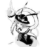  1girl ascot bow capelet dutch_angle expressionless eyebrows_visible_through_hair foreshortening frills from_above greyscale hat hat_bow hat_ribbon index_finger_raised legs_apart long_sleeves monochrome nagae_iku pointing pointing_up ribbon saturday_night_fever shawl shirt skirt taurine_8000mg touhou 