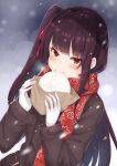  1girl bangs baozi black_coat blunt_bangs blush breath coat coffeedog eating food girls_frontline gloves hair_ribbon highres holding holding_food long_hair long_sleeves looking_at_viewer motion_blur outdoors purple_hair red_eyes red_ribbon red_scarf ribbon scarf side_ponytail smile snowing solo tsurime upper_body very_long_hair wa2000_(girls_frontline) white_gloves winter winter_clothes winter_coat wrapper 