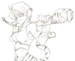  1girl animal_ears artist_request breasts breath_of_fire breath_of_fire_ii bustier cat_ears cat_tail furry gloves monochrome no_panties no_pants pointy_ears rinpoo_chuan short_hair solo staff tail 