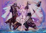  1girl absurdres adapted_costume afloat alternate_costume azur_lane commentary detached_sleeves dress hair_bun highres holding horizon horn long_hair looking_at_viewer machinery object_namesake ocean older pantyhose purple_hair smile solo staff unicorn unicorn_(azur_lane) violet_eyes white_dress white_legwear yan_mei 