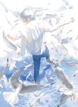  androgynous bird blue_pants denim facing_away from_behind full_body highres jeans original pants re_degrees_(red_flagship) seagull shirt standing watermark web_address white_feathers white_hair white_shirt 