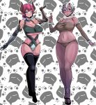  2girls absurdres bangs bare_shoulders black_legwear blue_eyes blush breasts closed_mouth collarbone dark_skin demon_horns detached_sleeves full_body gauntlets hair_between_eyes highres horns julioalqae large_breasts looking_at_viewer monster_girl multiple_girls navel nose_blush oni oni_horns original parted_lips pointy_ears redhead scar short_hair silver_hair smile stomach thigh-highs violet_eyes 