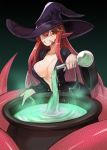  1girl animal_ears bangs black_dress black_hat breasts cauldron cleavage commission dress eyebrows_visible_through_hair gradient gradient_background green_background grin hair_between_eyes hair_ornament halloween_costume hat highres holding jewelry lamia large_breasts long_hair looking_at_viewer miia_(monster_musume) monster_girl monster_musume_no_iru_nichijou open_clothes open_dress pointy_ears potion red_eyes redhead ring scales smile solo sookmo vial wedding_band witch witch_hat yellow_eyes 