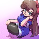  1girl bangs black_legwear blue_eyes blue_kimono bow brown_hair eyebrows_visible_through_hair full_body hair_bow hair_tucking japanese_clothes kimono kuonji_ukyou long_hair looking_at_viewer pantyhose ranma_1/2 red_bow sleeves_rolled_up smile solo squatting thighs very_long_hair wantan-orz 