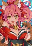 1girl absurdres animal_ears bell bell_collar breasts cleavage collar fangs fate/grand_order fate_(series) fox_ears fox_tail hair_ribbon highres large_breasts long_hair looking_at_viewer open_mouth paws pikkumyy pink_hair ribbon solo sparkle tail tamamo_(fate)_(all) tamamo_cat_(fate) yellow_eyes 