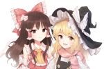  2girls ascot bangs black_hat blonde_hair bow brown_eyes brown_hair commentary_request detached_sleeves flower hair_bow hair_flower hair_ornament hair_tubes hakurei_reimu hat hat_bow kirisame_marisa long_hair minust multiple_girls pink_scarf red_bow ribbon-trimmed_sleeves ribbon_trim scarf smile touhou upper_body vest wavy_hair white_background white_bow witch_hat yellow_eyes 