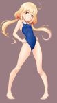  1girl ahoge bangs bare_legs barefoot blue_swimsuit blunt_bangs blush breasts brown_background closed_mouth eyebrows_visible_through_hair full_body futaba_anzu hands_on_hips highres idolmaster idolmaster_cinderella_girls legs_apart long_hair looking_at_viewer low_twintails one-piece_swimsuit petite sidelocks simple_background small_breasts smile solo standing swimsuit taka_(takahirokun) thighs twintails 