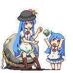  2girls :d ahoge arms_up bangs bare_arms black_hat blue_dress blue_hair blue_skirt blush boots bowler_hat brown_footwear buttons diamond_(shape) dress dual_persona facing_another flat_chest floating food frilled_dress frilled_skirt frills fruit full_body hair_between_eyes hat hinanawi_tenshi knee_boots leaf legs_apart long_hair long_shirt looking_at_another looking_away looking_up lowres magic multiple_girls no_nose no_pupils open_mouth peach pigeon-toed pixel_art puffy_short_sleeves puffy_sleeves red_eyes red_ribbon ribbon rock rope shide shimenawa short_sleeves sidelocks simple_background sitting skirt smile standing tongue touhou very_long_hair vixiv white_background younger 