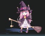  1girl animal_ears black_gloves black_hat blue_eyes blush broom cat_ears chibi gloves hat holding holding_broom long_hair looking_at_viewer open_mouth original pink_hair smile solo yuja 