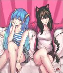  2girls :d ahri alternate_costume animal_ears bangs bare_legs black_hair black_skirt blue_eyes blue_hair braid braiding_hair breasts cal_(pmgdd) casual fang fox_ears fox_girl fox_tail hairdressing jewelry league_of_legends legs legs_crossed long_hair long_sleeves looking_at_viewer multiple_girls necklace open_mouth outstretched_arms pencil_skirt phone plaid plaid_skirt red_eyes shirt sitting skirt sleeveless sleeveless_shirt smile sona_buvelle spread_arms striped striped_shirt tail tank_top twintails very_long_hair watermark web_address whisker_markings white_shirt 