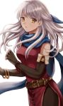  1girl bare_shoulders dress fire_emblem fire_emblem:_akatsuki_no_megami gloves half_updo long_hair looking_at_viewer micaiah ribbon silver_hair solo white_background wspread yellow_eyes 