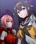  2girls black_hair blush choker christmas christmas_costume girls_frontline hairband halloween halloween_costume mole mole_under_eye multiple_girls ntw-20_(girls_frontline) pink_eyes pink_hair smile super_sass_(girls_frontline) v violet_eyes xiu_jiayihuizi 