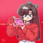  1girl bangs black_hair blue_eyes bow finger_frame hair_bow kuonji_ukyou long_hair long_sleeves looking_at_viewer polka_dot polka_dot_bow ranma_1/2 red_background red_sweater sleeves_past_wrists smile solo upper_body wantan-orz 