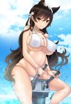  1girl animal_ears atago_(azur_lane) azur_lane black_hair breasts brown_eyes cleavage commentary_request hair_between_eyes hair_ornament hairclip highres kuga_zankurou large_breasts long_hair looking_at_viewer mole mole_under_eye sideboob smile solo swimsuit turret twitter_username under_boob 