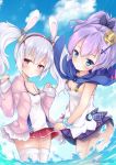  2girls animal_ears azur_lane bangs bare_shoulders blue_eyes blush bracelet breasts camisole chiyami cleavage closed_mouth collarbone commentary_request downblouse eyebrows_visible_through_hair fur-trimmed_jacket fur_trim hair_between_eyes hair_ribbon hairband hands_up highres jacket javelin_(azur_lane) jewelry laffey_(azur_lane) long_hair looking_at_viewer miniskirt multiple_girls off_shoulder panties parted_lips pink_jacket plaid plaid_skirt pleated_skirt purple_hair purple_ribbon purple_skirt rabbit_ears red_eyes red_hairband red_skirt ribbon shirt sidelocks skirt sleeveless sleeveless_shirt small_breasts smile sparkle standing strap_slip thigh-highs twintails underwear wading water white_hair white_legwear white_panties white_shirt zipper_pull_tab 