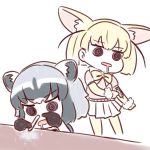  2girls @_@ animal_ears batta_(ijigen_debris) black_eyes blonde_hair commentary_request common_raccoon_(kemono_friends) drooling drugs eyebrows_visible_through_hair fennec_(kemono_friends) fox_ears gloves grey_hair injection kemono_friends multiple_girls neck_ribbon open_mouth parted_lips pink_shirt pleated_skirt raccoon_ears ribbon ringed_eyes shirt short_hair simple_background skirt snorting standing syringe white_background yellow_ribbon 