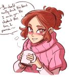  1girl absurdres alternate_hairstyle blush brown_eyes brown_hair coffee_mug commentary english highres okumura_haru persona persona_5 pink_sweater ribbed_sweater scruffyturtles solo sweater 