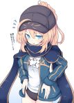  1girl ahoge artoria_pendragon_(all) beni_shake black_hat blonde_hair blue_eyes blush eyebrows_visible_through_hair fate/grand_order fate_(series) hat long_hair looking_at_viewer mysterious_heroine_x parted_lips ponytail solo translation_request 