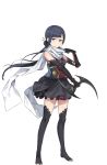  1girl bangs black_gloves black_hair black_legwear black_skirt blue_eyes blunt_bangs frilled_skirt frills full_body gloves hair_ornament hair_stick hand_up highres holding holding_weapon long_hair looking_at_viewer no_shoes oboro_(princess_principal) official_art princess_principal princess_principal_game_of_mission scarf skirt solo standing thigh-highs weapon white_scarf 