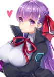  1girl bangs bb_(fate/extra_ccc) black_coat blush breast_hold breasts closed_mouth commentary_request emblem eyebrows_visible_through_hair fate/extra fate/extra_ccc fate_(series) gloves hair_ribbon heart large_breasts long_hair long_sleeves looking_at_viewer neck_ribbon pointer purple_hair red_ribbon ribbon shiny shiny_hair shirt smile solo tareme upper_body very_long_hair violet_eyes white_gloves white_shirt wing_collar yuzu-aki 