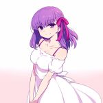  1girl bangs bare_shoulders blush bra_strap breasts chan_co cleavage closed_mouth commentary_request dress eyebrows_visible_through_hair fate/stay_night fate_(series) from_side gradient gradient_background hair_between_eyes hair_ribbon large_breasts long_hair matou_sakura pink_background puffy_short_sleeves puffy_sleeves purple_hair purple_ribbon ribbon short_sleeves smile solo standing v_arms violet_eyes white_dress 
