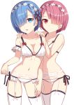  2girls arm_at_side blue_eyes blue_hair bra breasts closed_mouth collarbone commentary_request cowboy_shot frilled_armband frilled_bra frilled_panties frills garter_belt hair_ornament hair_over_one_eye hairband hands_on_another&#039;s_shoulders looking_at_viewer multiple_girls navel open_mouth panties purple_hair ram_(re:zero) re:zero_kara_hajimeru_isekai_seikatsu red_eyes rem_(re:zero) short_hair siblings side-tie_panties simple_background sisters small_breasts smile standing thigh-highs thigh_gap twins underwear underwear_only white_background white_bra white_legwear white_panties yan_(nicknikg) 