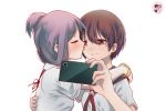  2girls arm_around_shoulder blurry brown_hair cellphone cheek_kiss closed_eyes depth_of_field highres kiss kyoukomiyanaga miyanaga_saki multiple_girls phone purple_hair revision saki school_uniform self_shot serafuku short_hair simple_background smartphone suehara_kyouko white_background yuri 