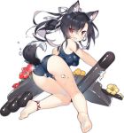  &gt;:d 1girl :d animal_ears ass azur_lane bare_legs barefoot black_hair holding long_hair looking_at_viewer machinery official_art open_mouth red_eyes saru school_swimsuit shigure_(azur_lane) simple_background smile solo swimsuit tail torpedo torpedo_tubes transparent_background wolf_ears wolf_tail 