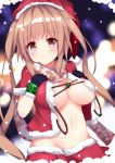  1girl akiori_koromo black_gloves blonde_hair breasts capelet christmas eyebrows_visible_through_hair fur_trim gloves hat kantai_collection long_hair looking_at_viewer medium_breasts messy_hair murasame_(kantai_collection) navel night open_clothes red_eyes red_skirt santa_hat skirt smile solo twintails upper_body 