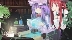  2girls b.d book bookshelf bottle commentary_request cork crystal hat head_wings hexagram koakuma lamp leaf long_hair long_sleeves magic magic_circle mob_cap multiple_girls open_mouth patchouli_knowledge plant pointy_ears potion purple_hair red_eyes redhead smile touhou violet_eyes white_flower wide_sleeves 