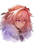  1boy :o bangs black_ribbon chestnut_mouth emoshon eyelashes facing_away fate/apocrypha fate/grand_order fate_(series) fur_collar hair_between_eyes hair_intakes hair_ribbon highres lips looking_away looking_to_the_side male_focus nose open_mouth pink_hair ribbon rider_of_black short_hair simple_background solo trap tsurime turtleneck violet_eyes white_background 