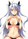  &gt;:p 1girl :p antenna_hair azur_lane bangs bikini black_bikini blush breasts breasts_apart brown_eyes choker collarbone commentary_request cowboy_shot eyebrows_visible_through_hair eyes_visible_through_hair hair_between_eyes hair_ribbon hands_on_own_chest hands_up highres large_breasts long_hair looking_at_viewer mole mole_on_breast multicolored_hair navel prinz_eugen_(azur_lane) ribbon shimozuki_shio side-tie_bikini sidelocks silver_hair simple_background solo swimsuit tongue tongue_out two-tone_hair two_side_up very_long_hair white_background 